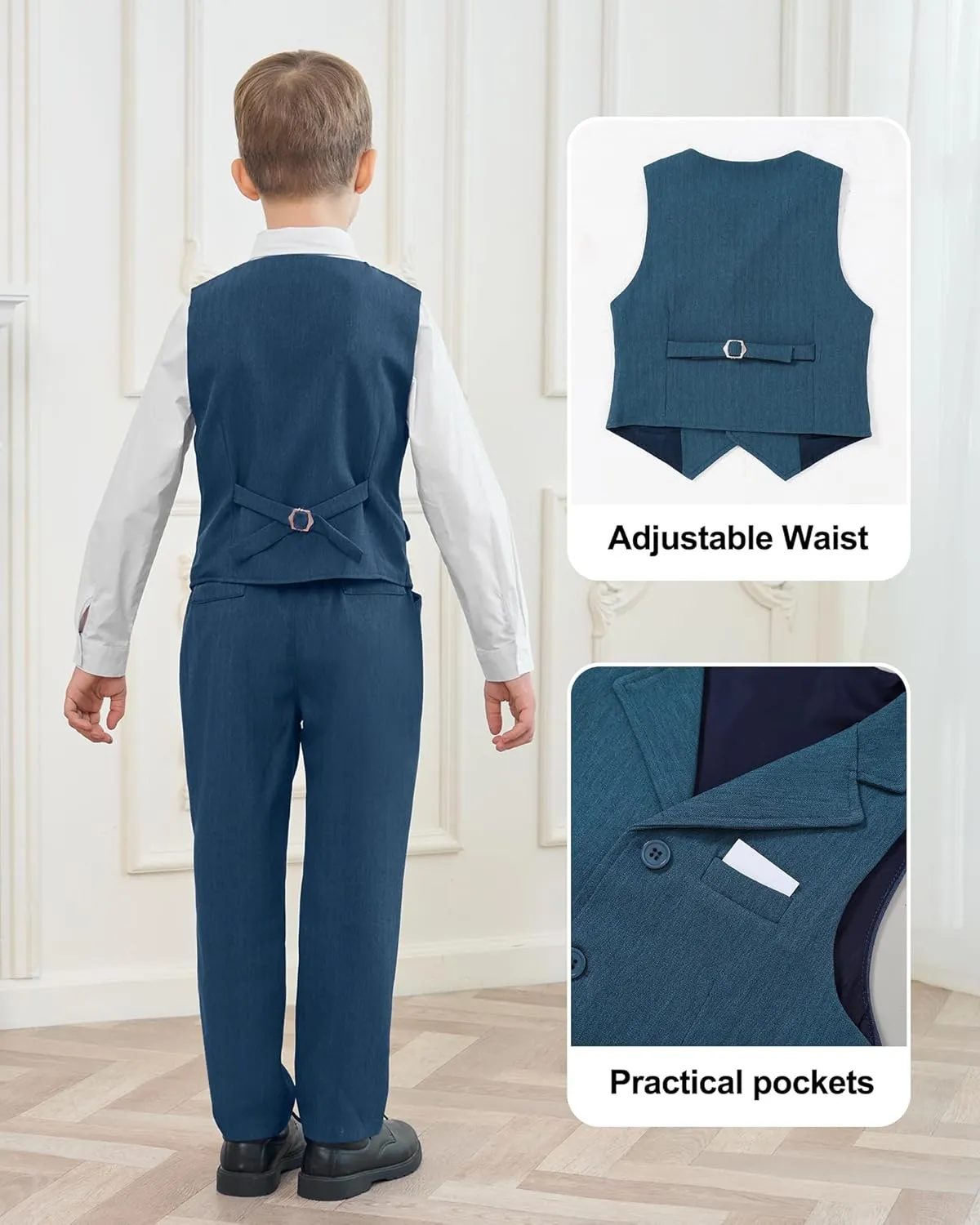 DISAUR Boys' 4-Piece Formal Suit Set Vest Pants Collared Dress Shirt and Tie for Wedding Outfit Dresswear