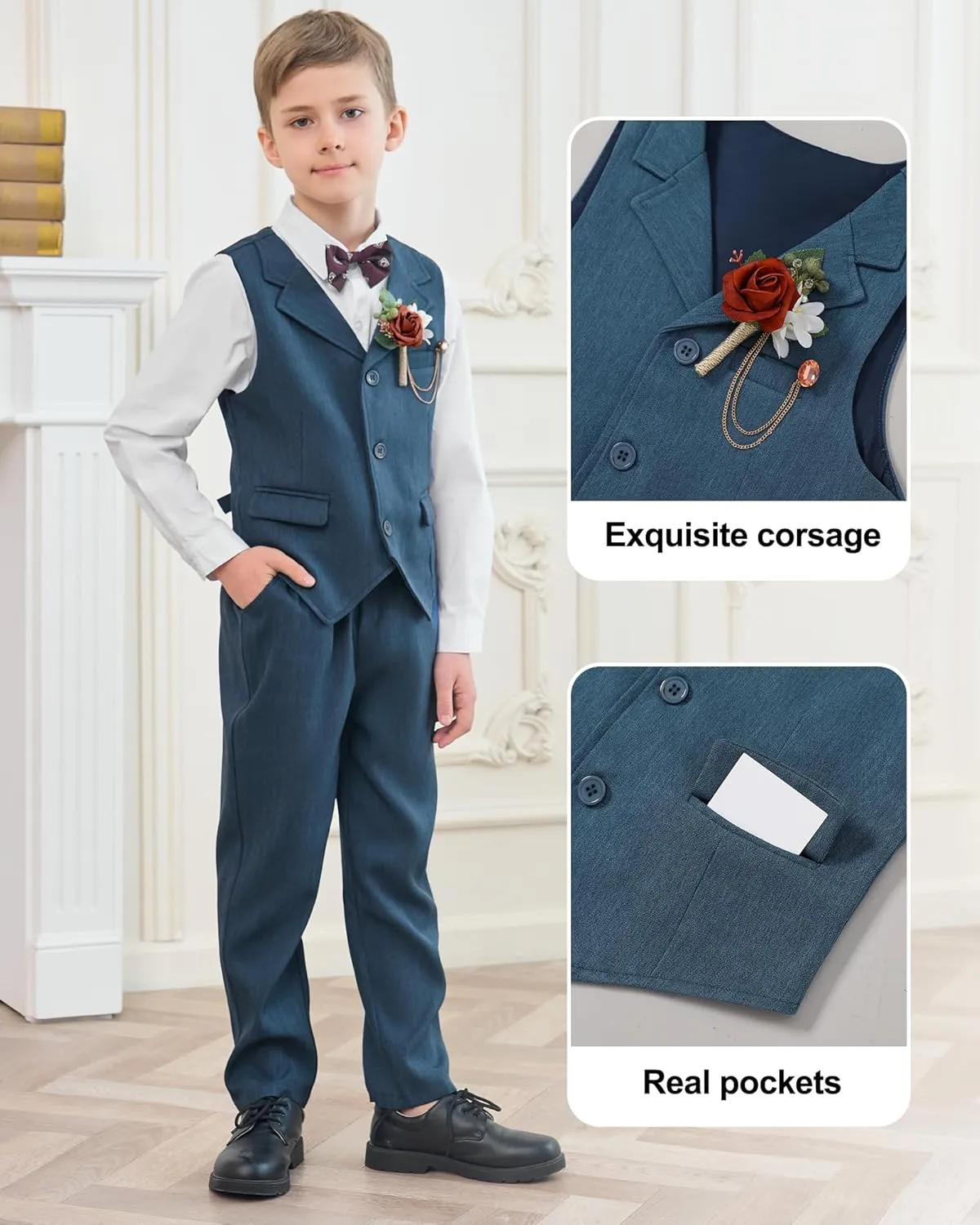 DISAUR Boys' 4-Piece Formal Suit Set Vest Pants Collared Dress Shirt and Tie for Wedding Outfit Dresswear