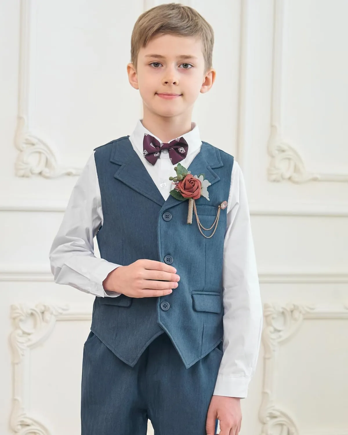 DISAUR Boys' 4-Piece Formal Suit Set Vest Pants Collared Dress Shirt and Tie for Wedding Outfit Dresswear