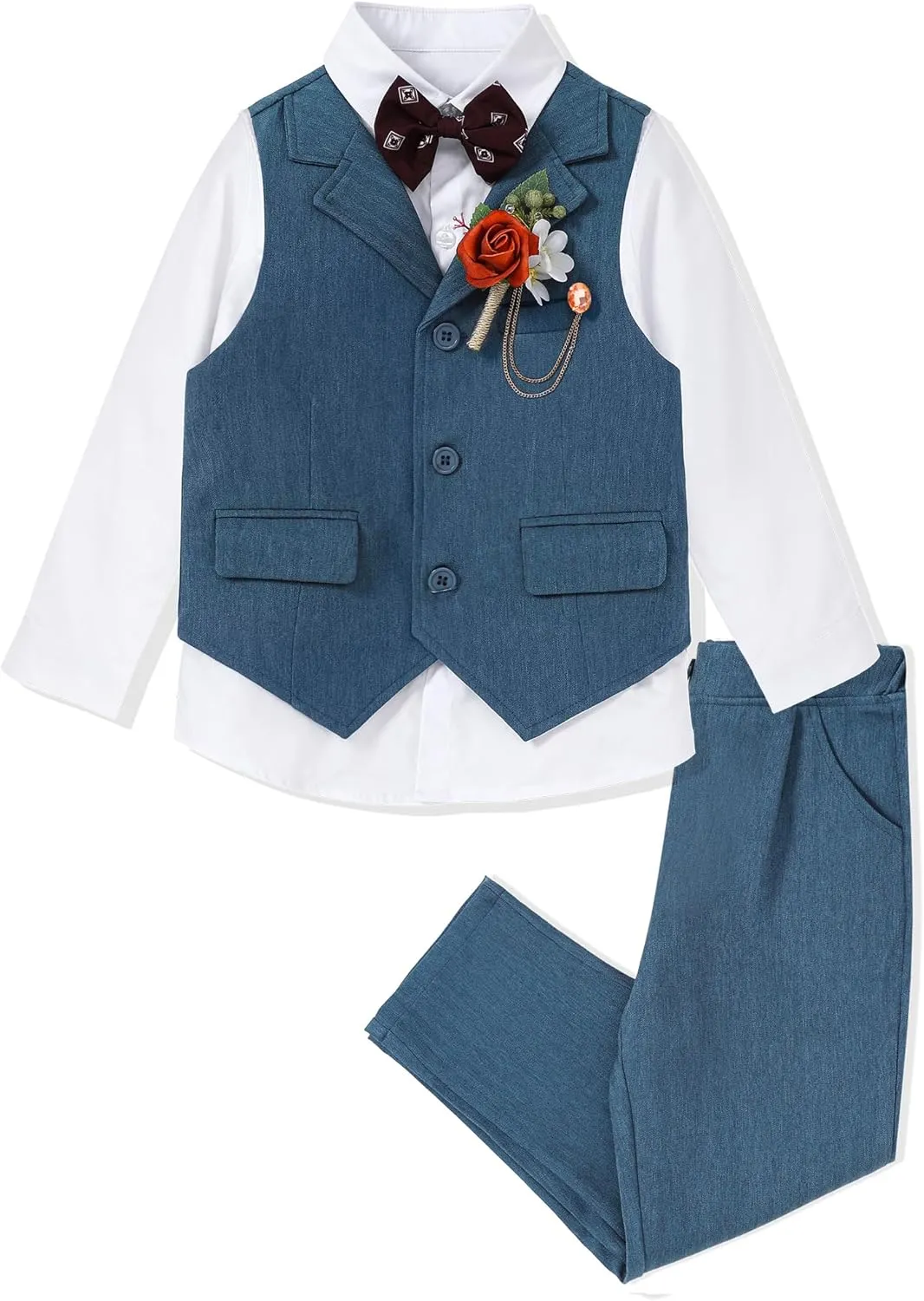 DISAUR Boys' 4-Piece Formal Suit Set Vest Pants Collared Dress Shirt and Tie for Wedding Outfit Dresswear