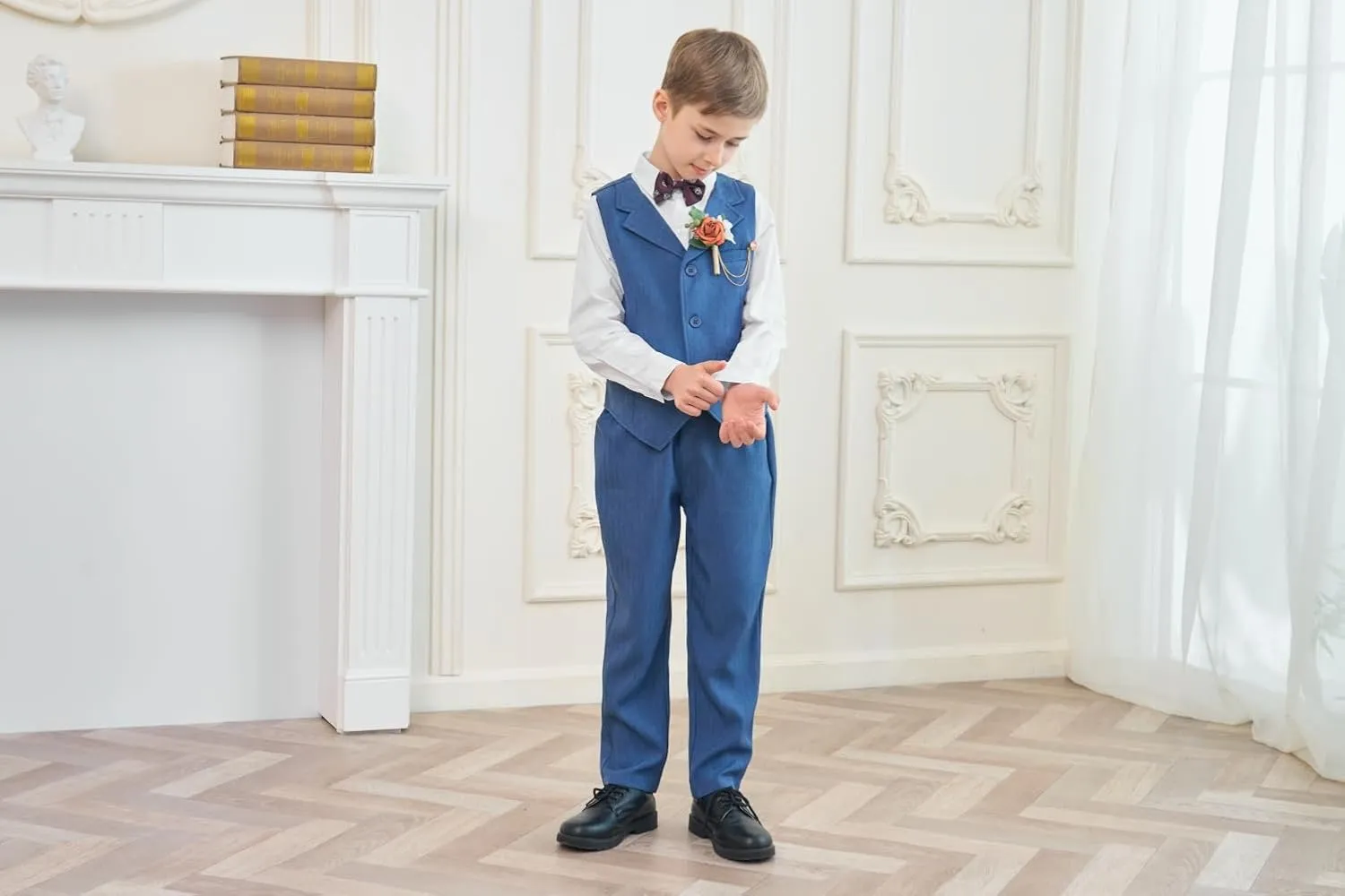 DISAUR Boys' 4-Piece Formal Suit Set Vest Pants Collared Dress Shirt and Tie for Wedding Outfit Dresswear