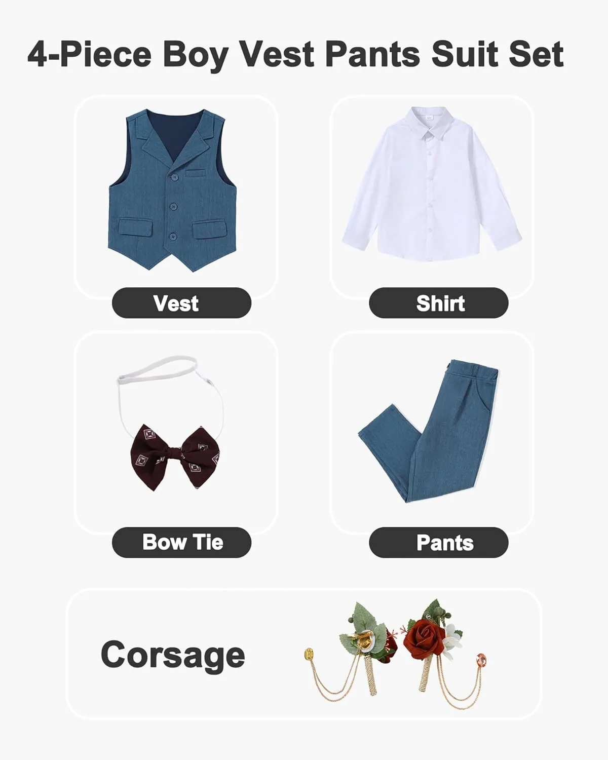 DISAUR Boys' 4-Piece Formal Suit Set Vest Pants Collared Dress Shirt and Tie for Wedding Outfit Dresswear