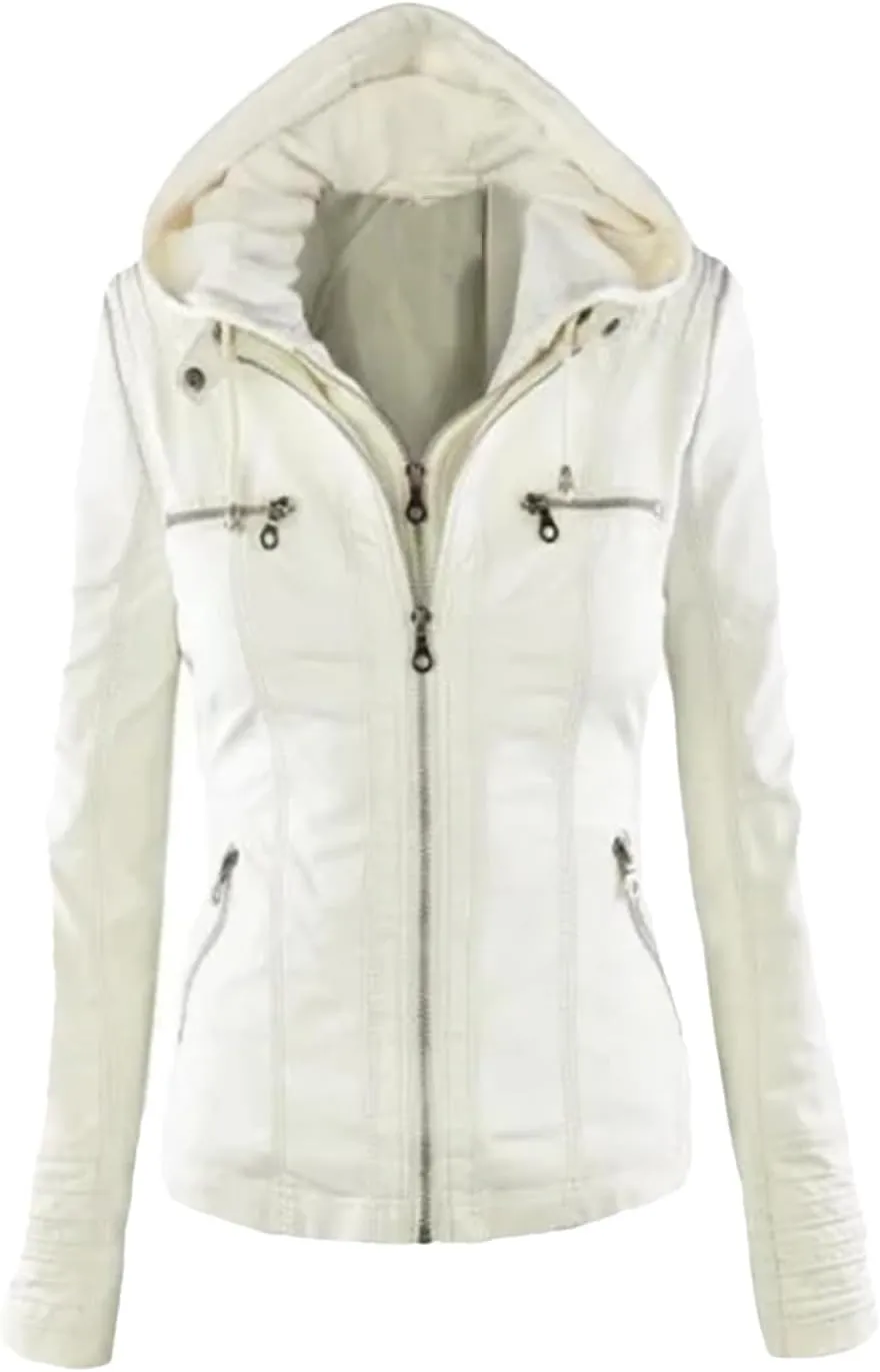 Dninmim Women Leather Jacket Coat Female Winter Motorcycle Jacket Zipper Hoodies Outwear