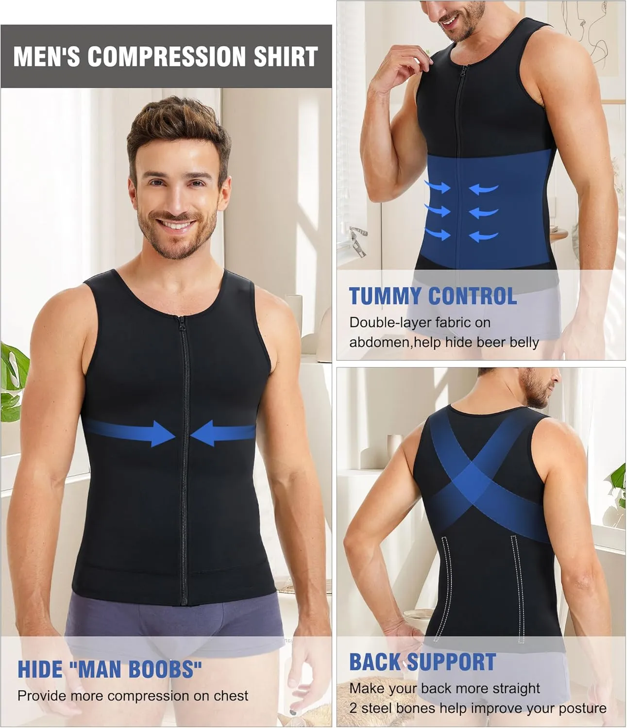 Eleady Compression Shirts for Men Zipper Vest Body Shaper Slimmer Undershirts