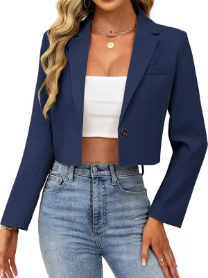 ELLEVEN Womens Cropped Blazer Business Casual Open Front Long Sleeve One Button Jacket