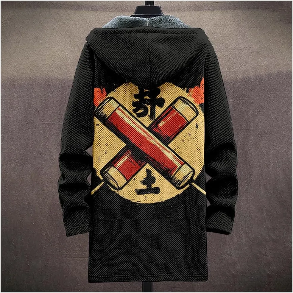 Ethnic Graphic Coats for Men Mens Cardigan Sweater Long Sleeve Full Zip Japanese Art Hooded Jacket With Pockets