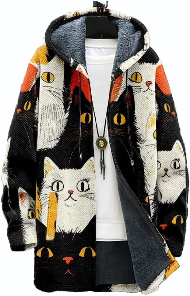 Ethnic Graphic Coats for Men Mens Cardigan Sweater Long Sleeve Full Zip Japanese Art Hooded Jacket With Pockets