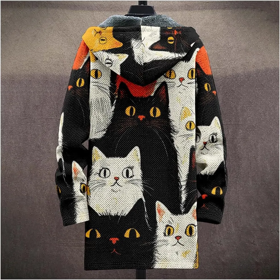 Ethnic Graphic Coats for Men Mens Cardigan Sweater Long Sleeve Full Zip Japanese Art Hooded Jacket With Pockets