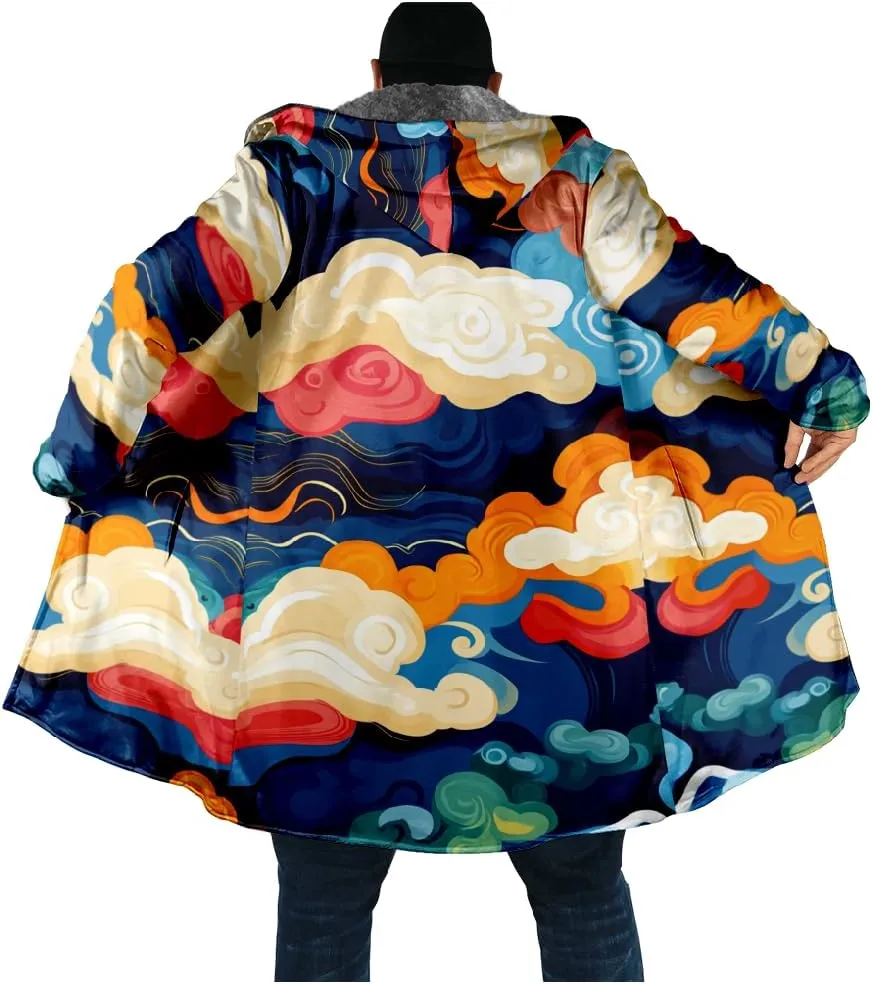 Ethnic Graphic Coats for Men Mens Cardigan Sweater Long Sleeve Full Zip Japanese Art Hooded Jacket With Pockets
