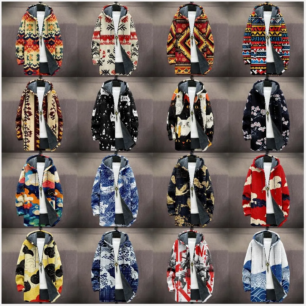 Ethnic Graphic Coats for Men Mens Cardigan Sweater Long Sleeve Full Zip Japanese Art Hooded Jacket With Pockets