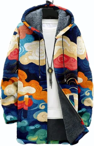 Ethnic Graphic Coats for Men Mens Cardigan Sweater Long Sleeve Full Zip Japanese Art Hooded Jacket With Pockets