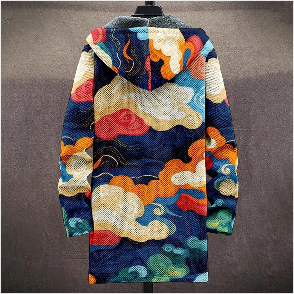 Ethnic Graphic Coats for Men Mens Cardigan Sweater Long Sleeve Full Zip Japanese Art Hooded Jacket With Pockets