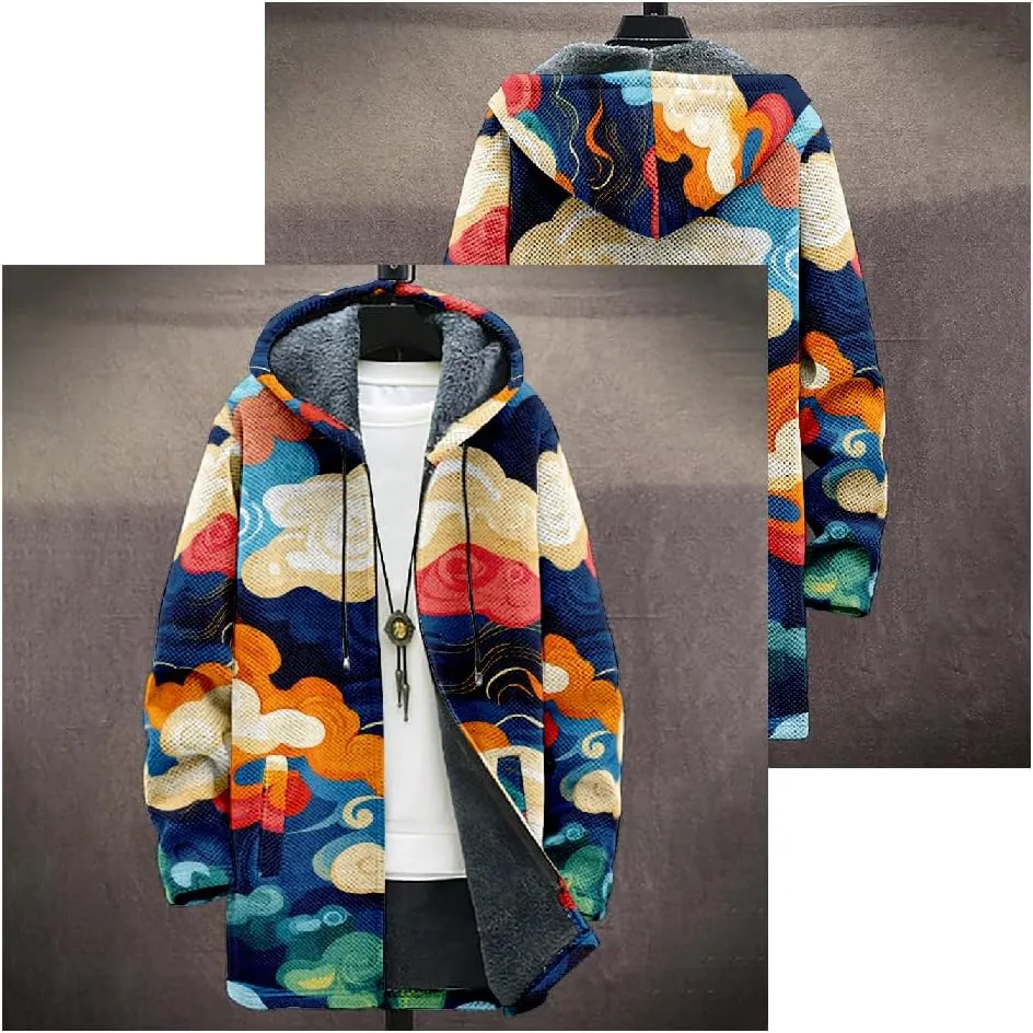 Ethnic Graphic Coats for Men Mens Cardigan Sweater Long Sleeve Full Zip Japanese Art Hooded Jacket With Pockets