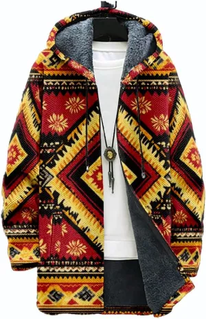 Ethnic Graphic Coats for Men Mens Cardigan Sweater Long Sleeve Full Zip Japanese Art Hooded Jacket With Pockets
