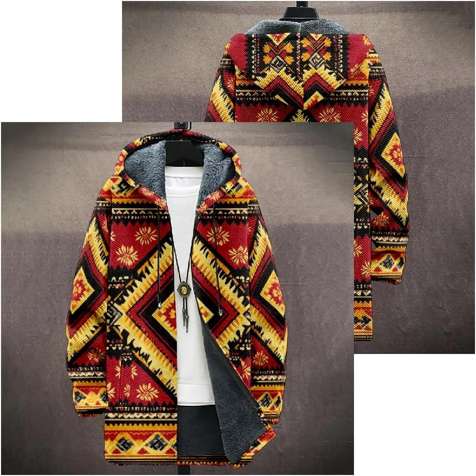 Ethnic Graphic Coats for Men Mens Cardigan Sweater Long Sleeve Full Zip Japanese Art Hooded Jacket With Pockets