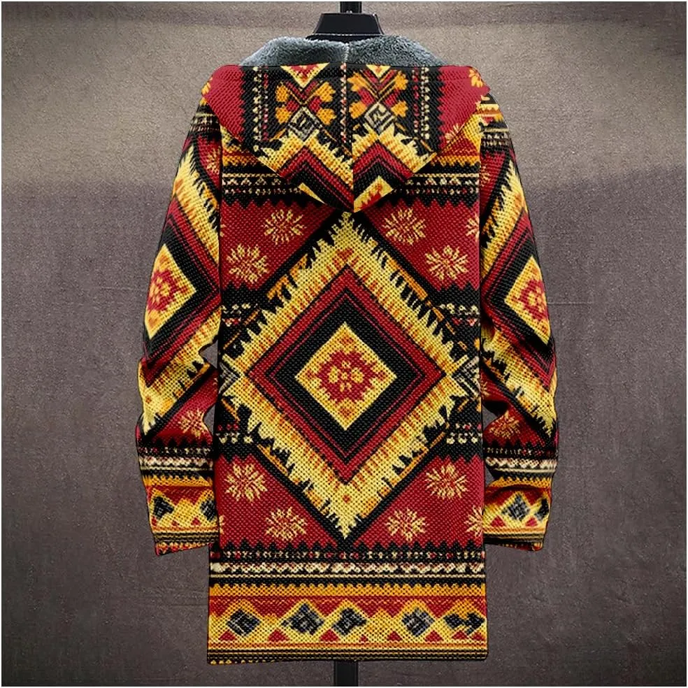 Ethnic Graphic Coats for Men Mens Cardigan Sweater Long Sleeve Full Zip Japanese Art Hooded Jacket With Pockets