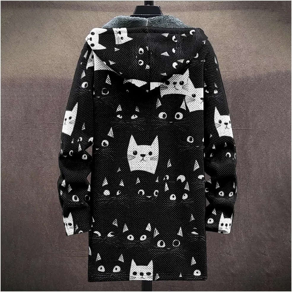 Ethnic Graphic Coats for Men Mens Cardigan Sweater Long Sleeve Full Zip Japanese Art Hooded Jacket With Pockets