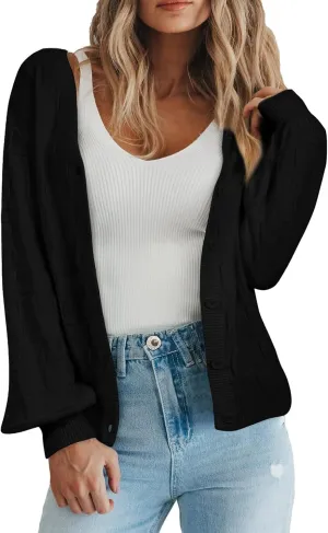 EVALESS Womens Cropped Chunky Cardigans Sweaters Trendy Lightweight Long Sleeve Checkered Knit Open Front Button Tops Outfits