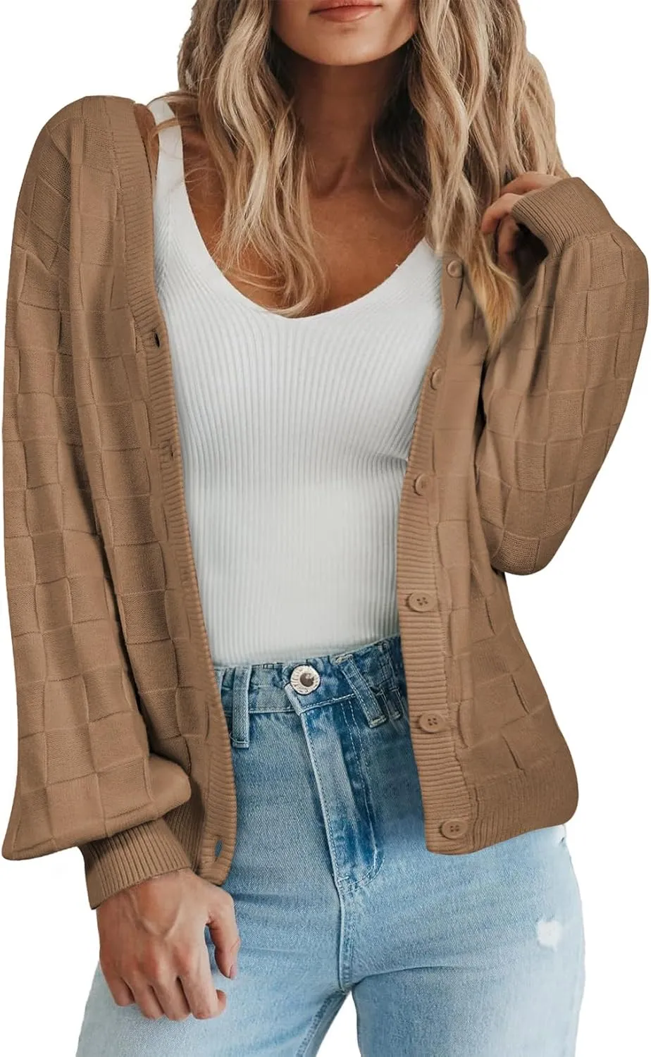 EVALESS Womens Cropped Chunky Cardigans Sweaters Trendy Lightweight Long Sleeve Checkered Knit Open Front Button Tops Outfits