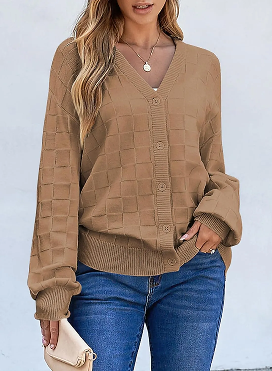 EVALESS Womens Cropped Chunky Cardigans Sweaters Trendy Lightweight Long Sleeve Checkered Knit Open Front Button Tops Outfits