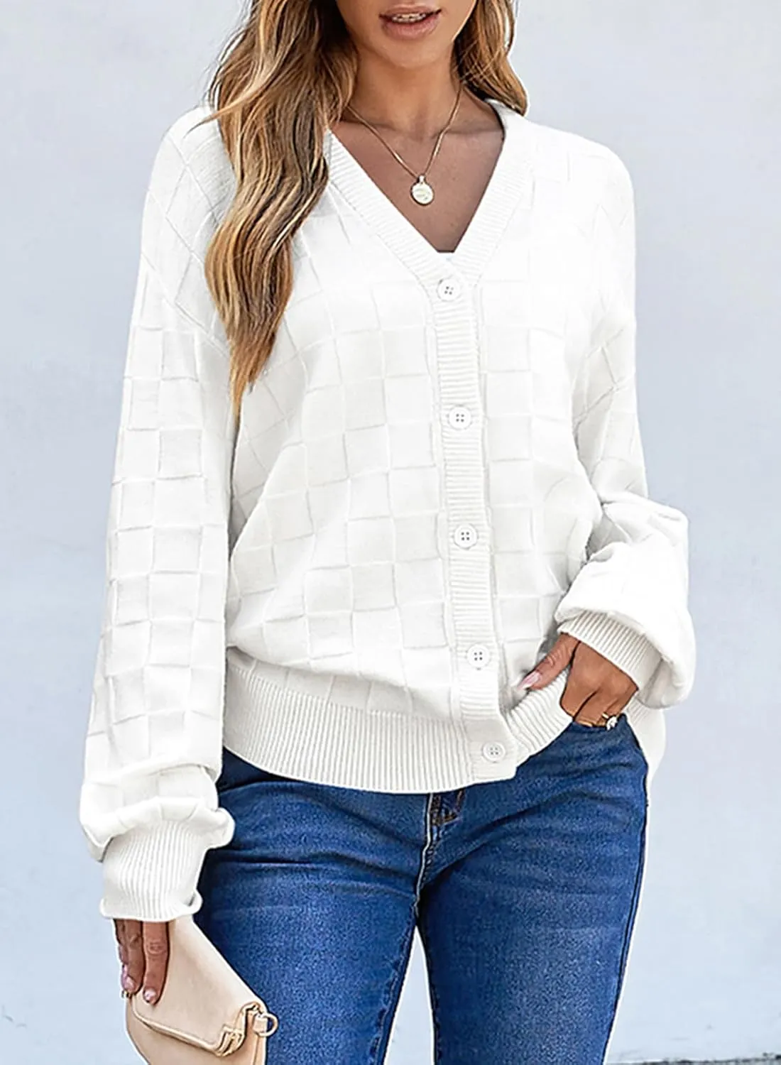 EVALESS Womens Cropped Chunky Cardigans Sweaters Trendy Lightweight Long Sleeve Checkered Knit Open Front Button Tops Outfits