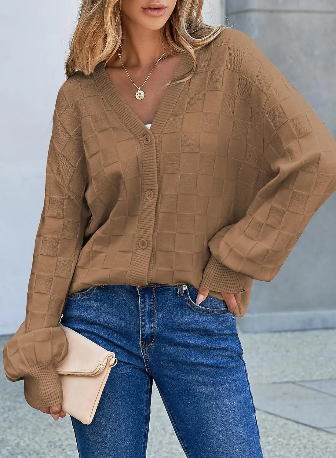 EVALESS Womens Cropped Chunky Cardigans Sweaters Trendy Lightweight Long Sleeve Checkered Knit Open Front Button Tops Outfits
