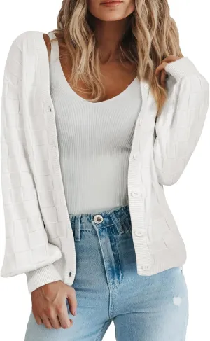 EVALESS Womens Cropped Chunky Cardigans Sweaters Trendy Lightweight Long Sleeve Checkered Knit Open Front Button Tops Outfits