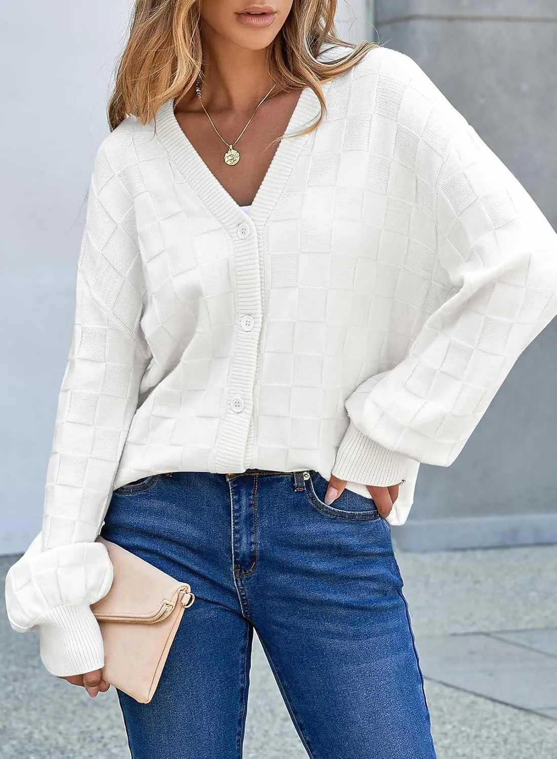 EVALESS Womens Cropped Chunky Cardigans Sweaters Trendy Lightweight Long Sleeve Checkered Knit Open Front Button Tops Outfits