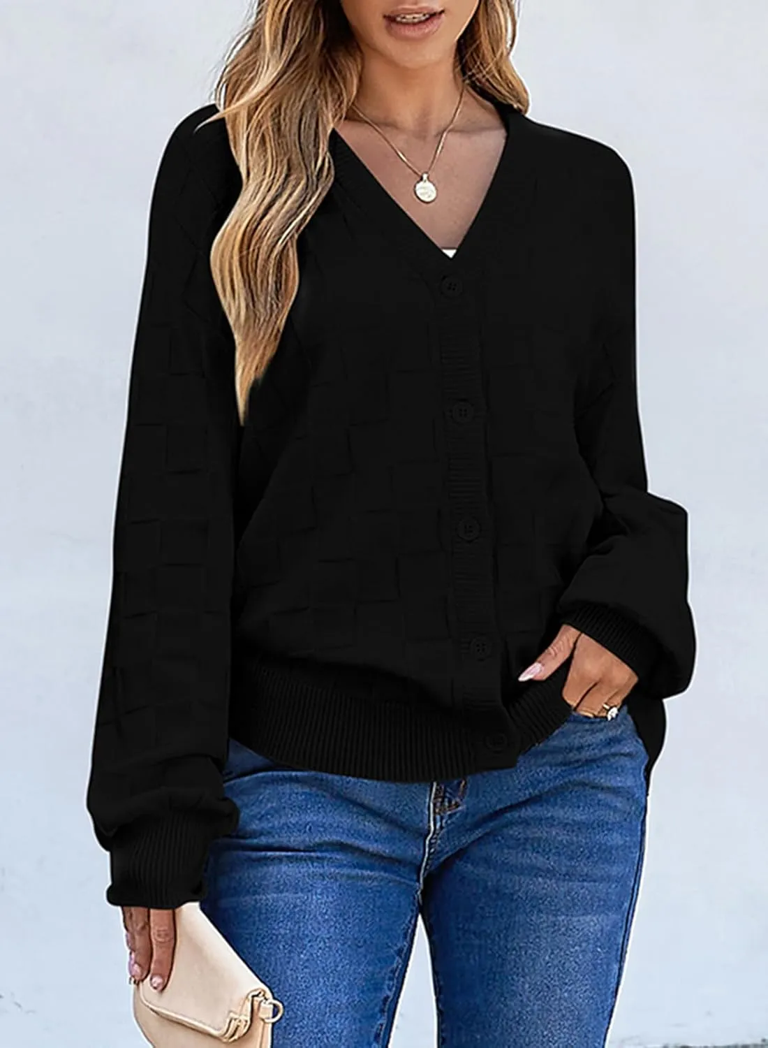 EVALESS Womens Cropped Chunky Cardigans Sweaters Trendy Lightweight Long Sleeve Checkered Knit Open Front Button Tops Outfits