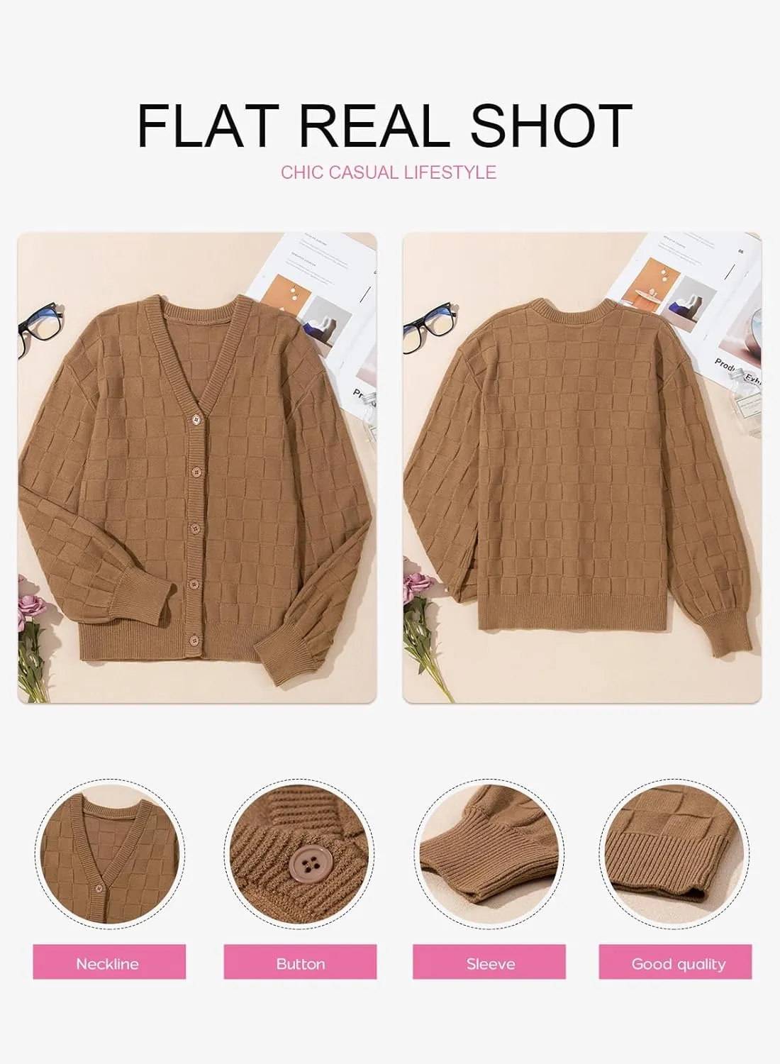 EVALESS Womens Cropped Chunky Cardigans Sweaters Trendy Lightweight Long Sleeve Checkered Knit Open Front Button Tops Outfits