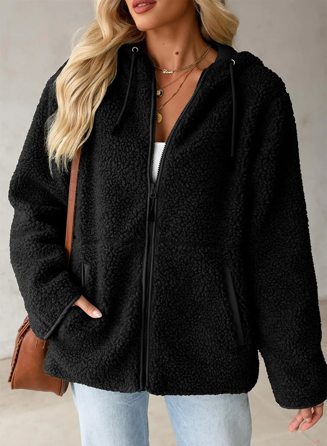 EVALESS Womens Fleece Jackets Solid Zip Up Coats Long Sleeve Fuzzy Hooded Jacket Outerwear With Pockets
