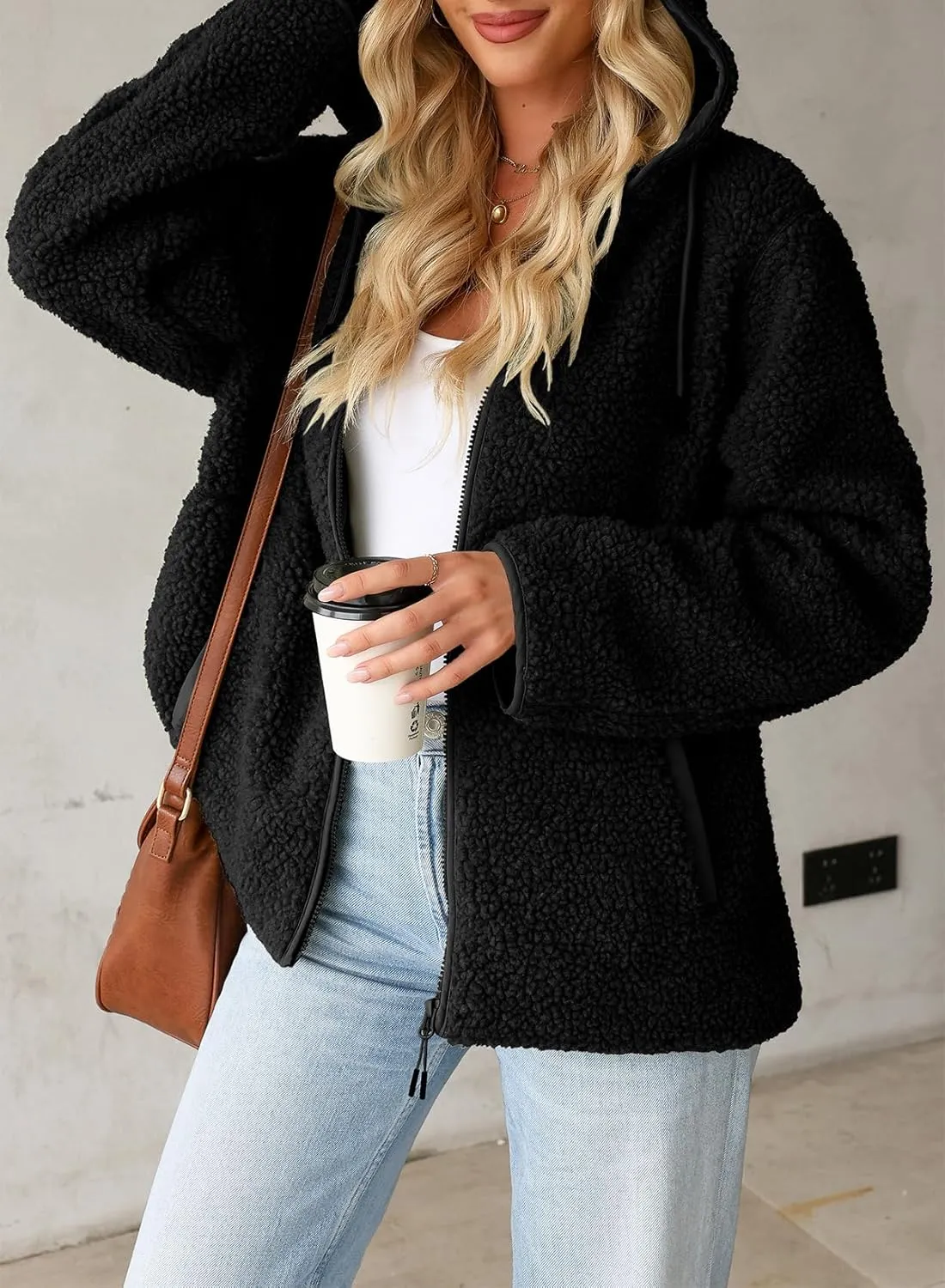 EVALESS Womens Fleece Jackets Solid Zip Up Coats Long Sleeve Fuzzy Hooded Jacket Outerwear With Pockets