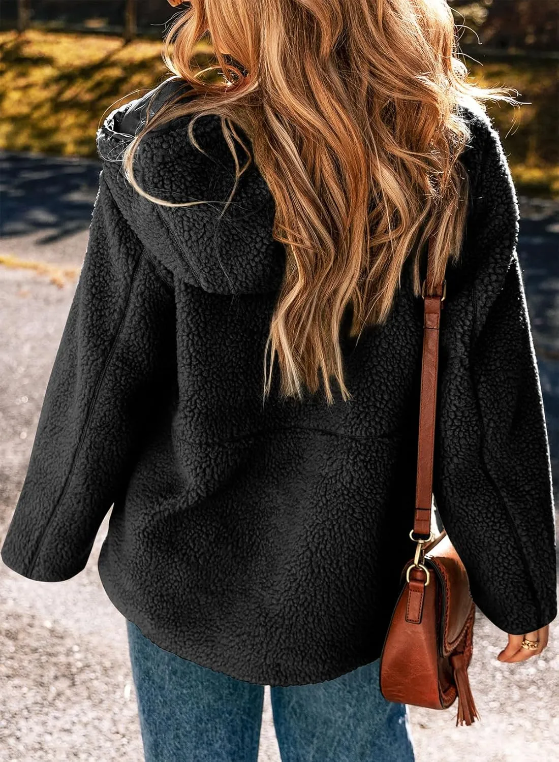EVALESS Womens Fleece Jackets Solid Zip Up Coats Long Sleeve Fuzzy Hooded Jacket Outerwear With Pockets