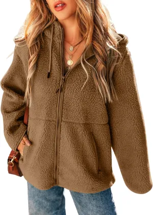 EVALESS Womens Fleece Jackets Solid Zip Up Coats Long Sleeve Fuzzy Hooded Jacket Outerwear With Pockets