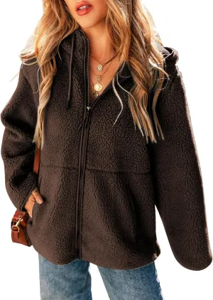 EVALESS Womens Fleece Jackets Solid Zip Up Coats Long Sleeve Fuzzy Hooded Jacket Outerwear With Pockets