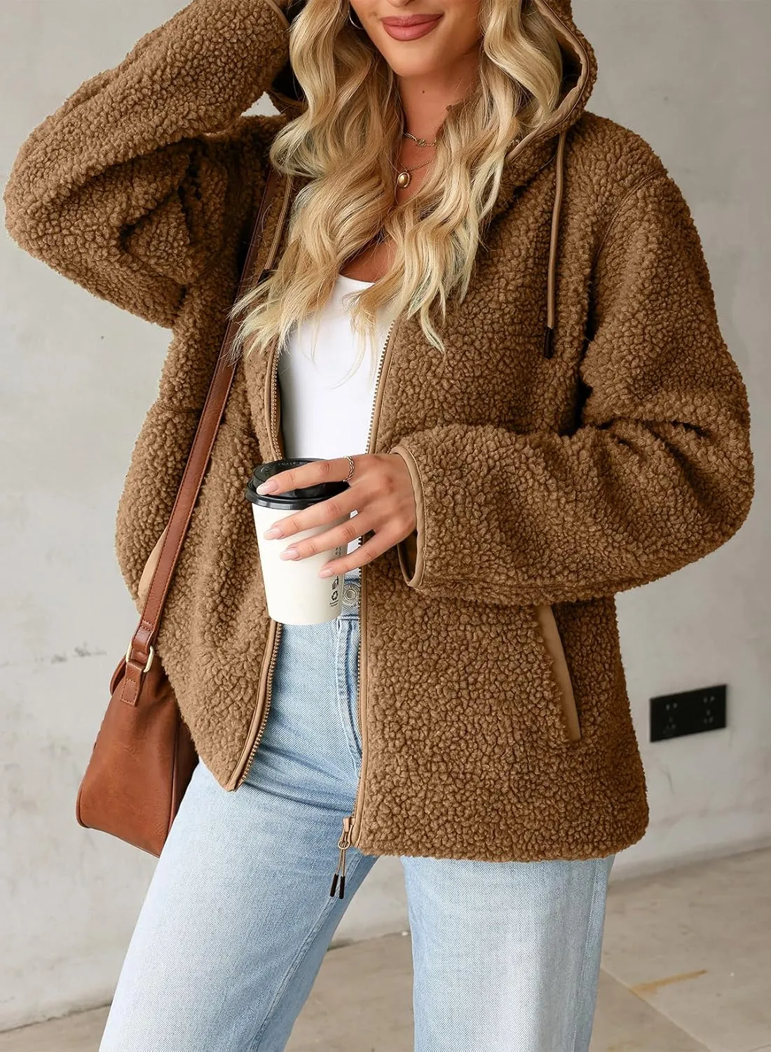 EVALESS Womens Fleece Jackets Solid Zip Up Coats Long Sleeve Fuzzy Hooded Jacket Outerwear With Pockets