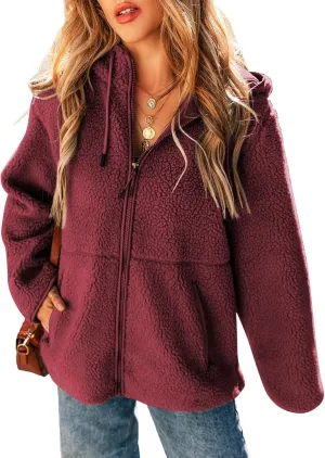EVALESS Womens Fleece Jackets Solid Zip Up Coats Long Sleeve Fuzzy Hooded Jacket Outerwear With Pockets
