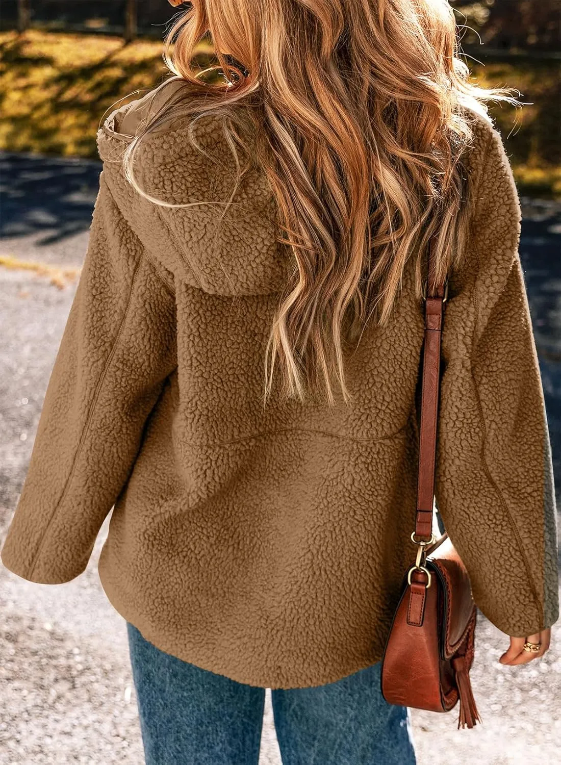 EVALESS Womens Fleece Jackets Solid Zip Up Coats Long Sleeve Fuzzy Hooded Jacket Outerwear With Pockets