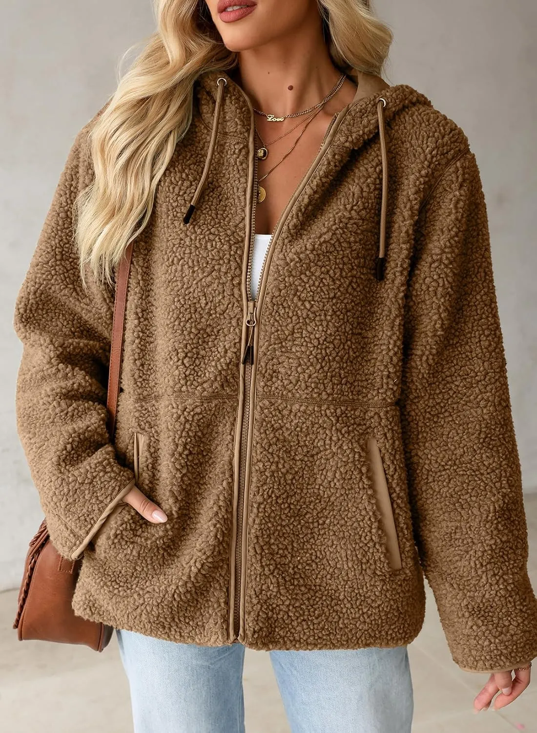 EVALESS Womens Fleece Jackets Solid Zip Up Coats Long Sleeve Fuzzy Hooded Jacket Outerwear With Pockets