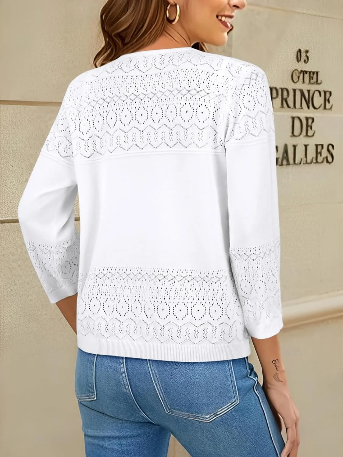 FAIRY SEASON Women's Lightweight Cropped Cardigan 3/4 Sleeve Crochet Shrug Button Down Knit Sweater Summer Cardigans