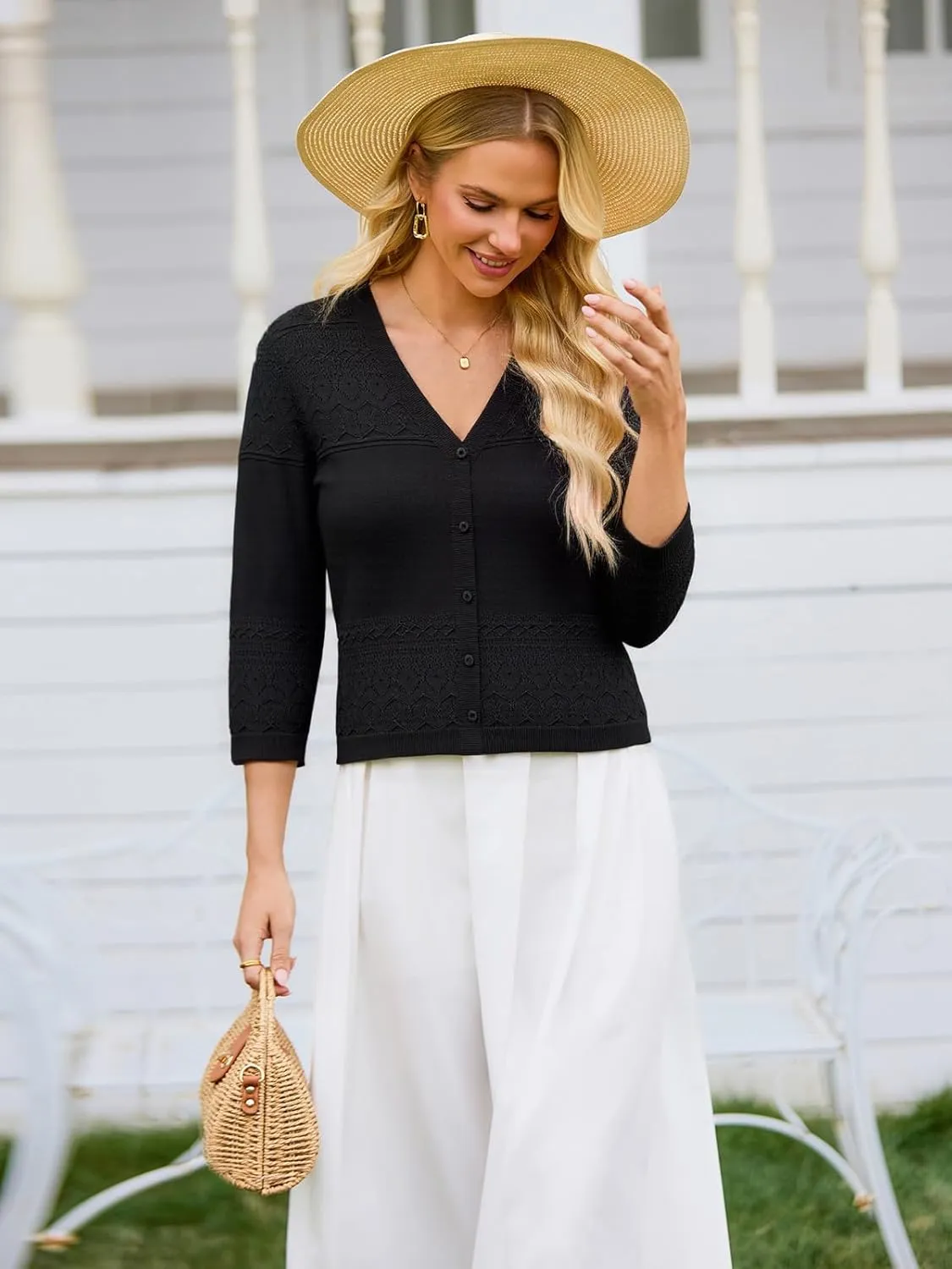 FAIRY SEASON Women's Lightweight Cropped Cardigan 3/4 Sleeve Crochet Shrug Button Down Knit Sweater Summer Cardigans