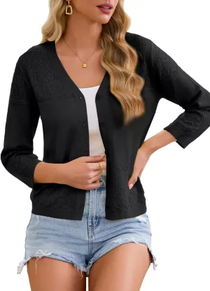 FAIRY SEASON Women's Lightweight Cropped Cardigan 3/4 Sleeve Crochet Shrug Button Down Knit Sweater Summer Cardigans