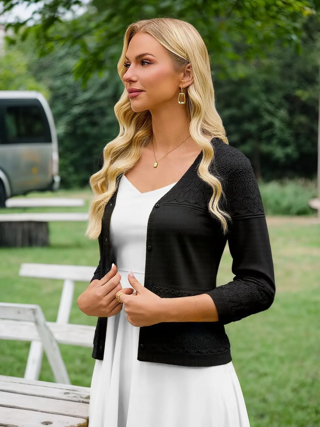 FAIRY SEASON Women's Lightweight Cropped Cardigan 3/4 Sleeve Crochet Shrug Button Down Knit Sweater Summer Cardigans