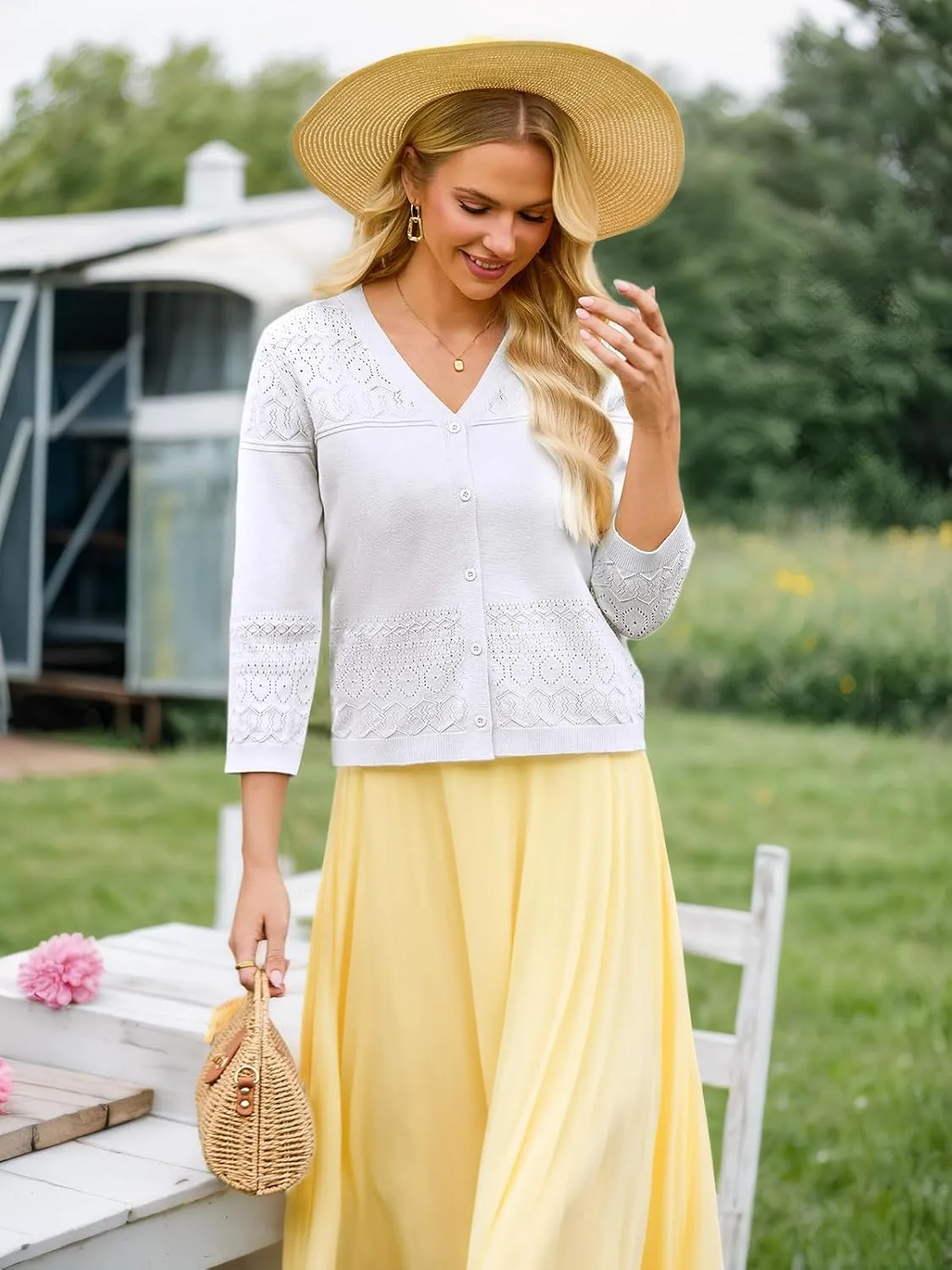 FAIRY SEASON Women's Lightweight Cropped Cardigan 3/4 Sleeve Crochet Shrug Button Down Knit Sweater Summer Cardigans