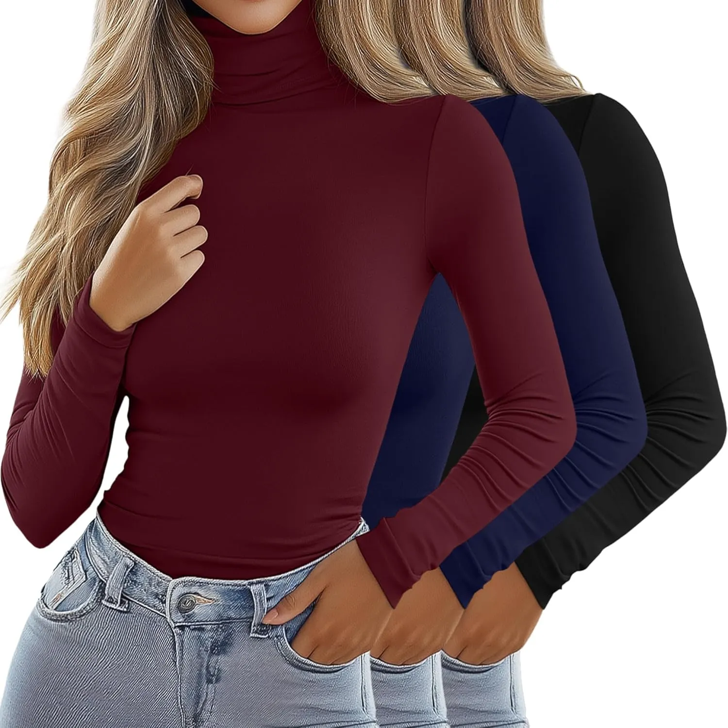 Ficerd 3 Pack Women's Turtleneck Tops, Long Sleeve Casual T-Shirts Slim Fitted Underwear Tops Thermal Base Layer Undershirts
