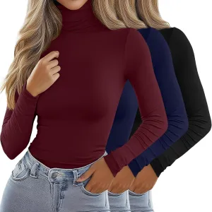 Ficerd 3 Pack Women's Turtleneck Tops, Long Sleeve Casual T-Shirts Slim Fitted Underwear Tops Thermal Base Layer Undershirts