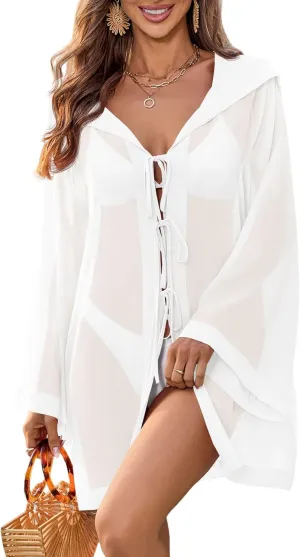 Fisoew Women Swimsuit Coverup Sheer V Neck Long Bell Sleeve Lightweight Cardigans Tie Front Hooded Beach Shirts
