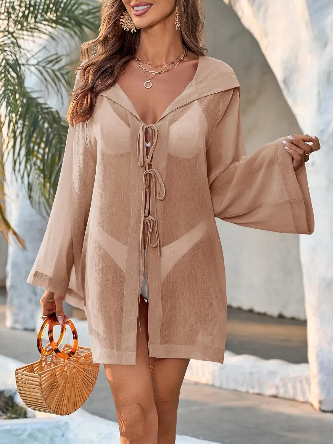 Fisoew Women Swimsuit Coverup Sheer V Neck Long Bell Sleeve Lightweight Cardigans Tie Front Hooded Beach Shirts