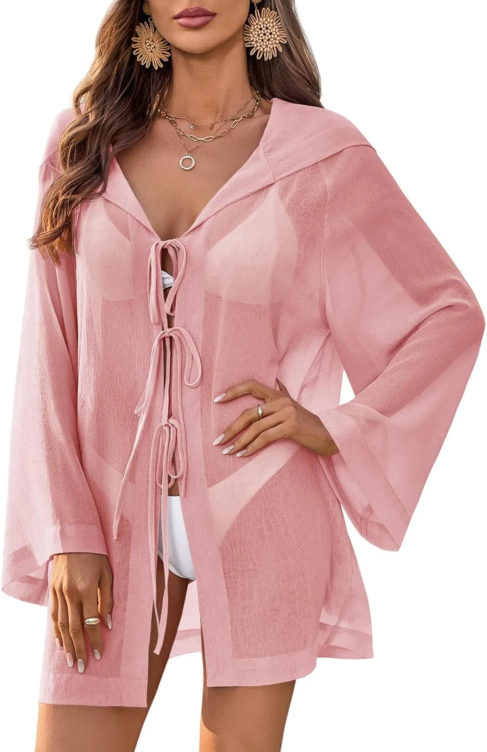 Fisoew Women Swimsuit Coverup Sheer V Neck Long Bell Sleeve Lightweight Cardigans Tie Front Hooded Beach Shirts