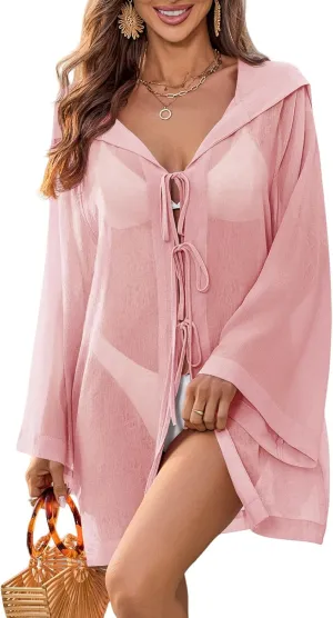 Fisoew Women Swimsuit Coverup Sheer V Neck Long Bell Sleeve Lightweight Cardigans Tie Front Hooded Beach Shirts